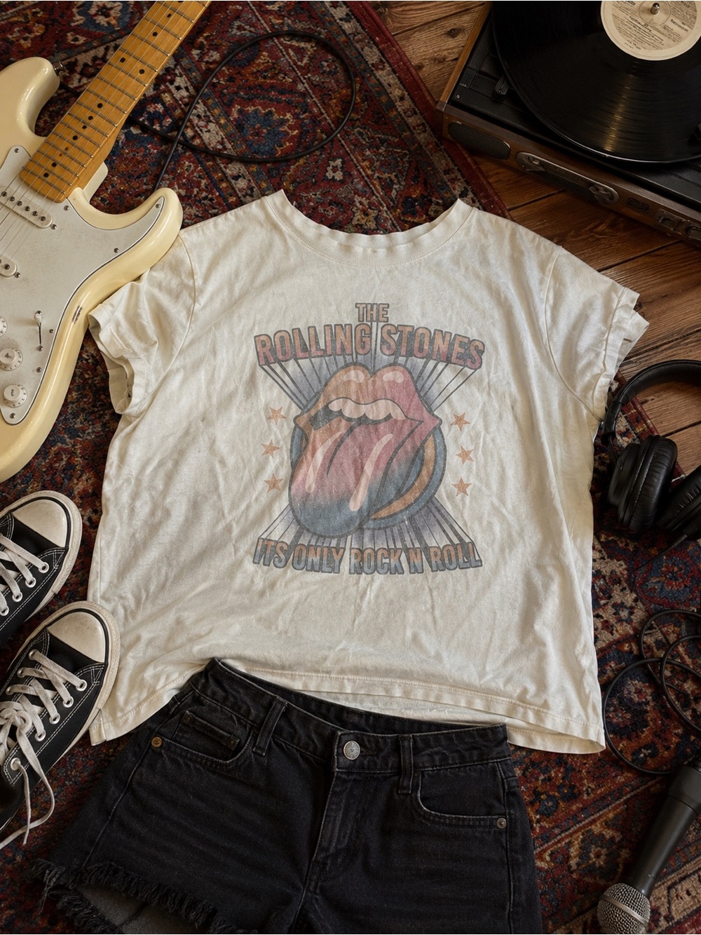 the Rolling Stones White Tee with Pink & Blue Tongue Graphic
